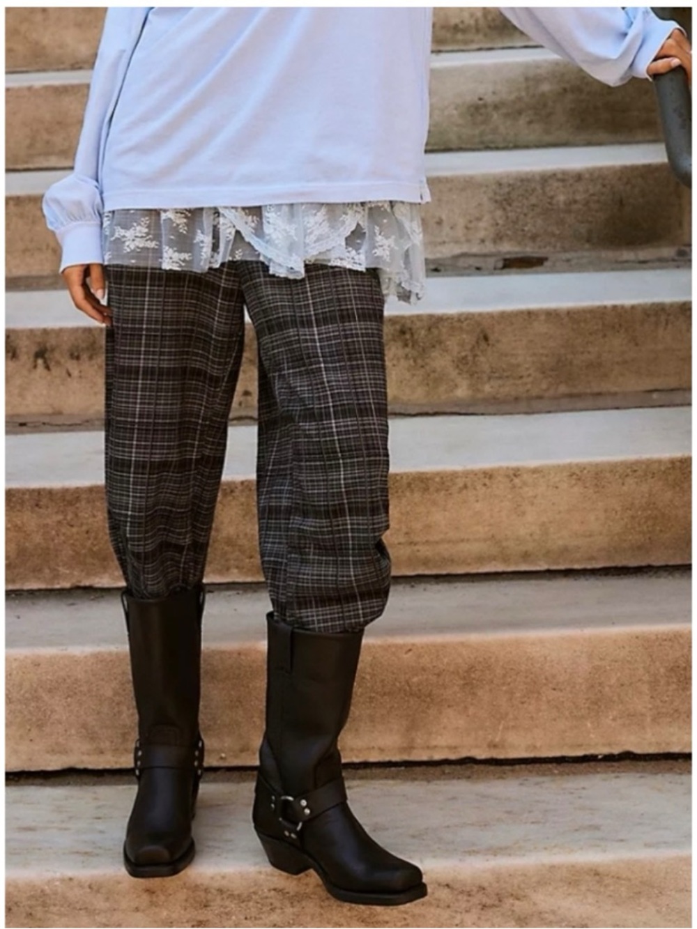 #770 Free People Nice Choice Pull On Plaid Pants Up Pants Midnight Combo Small - Picture 2 of 13